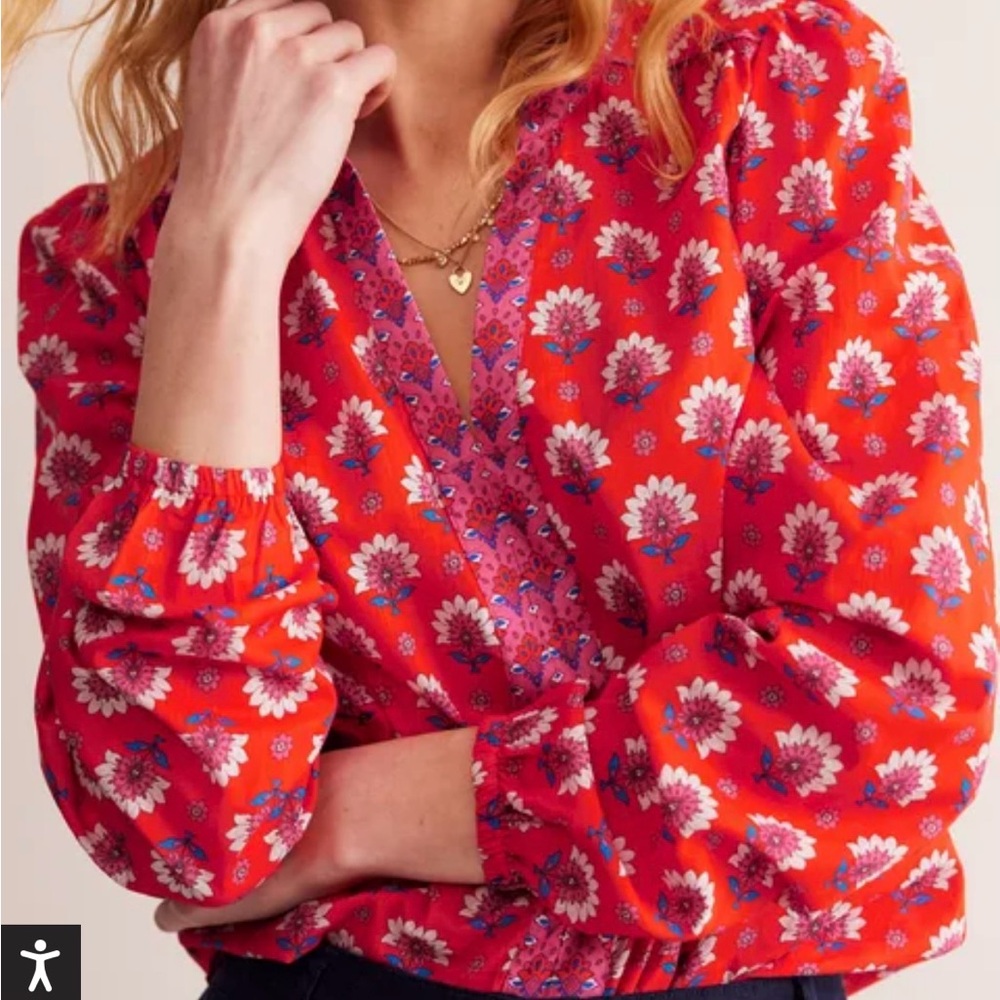 Boden Red Puff Sleeve Long Sleeve Blouse with Ruffled Relaxed Style